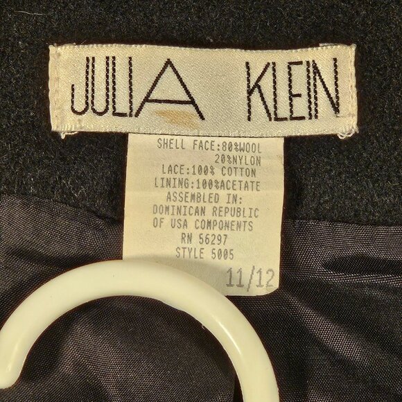 Julia Klein 3 Button Black Pea Coat with Lace Collar Vintage with Shoulder Pads - Picture 6 of 13